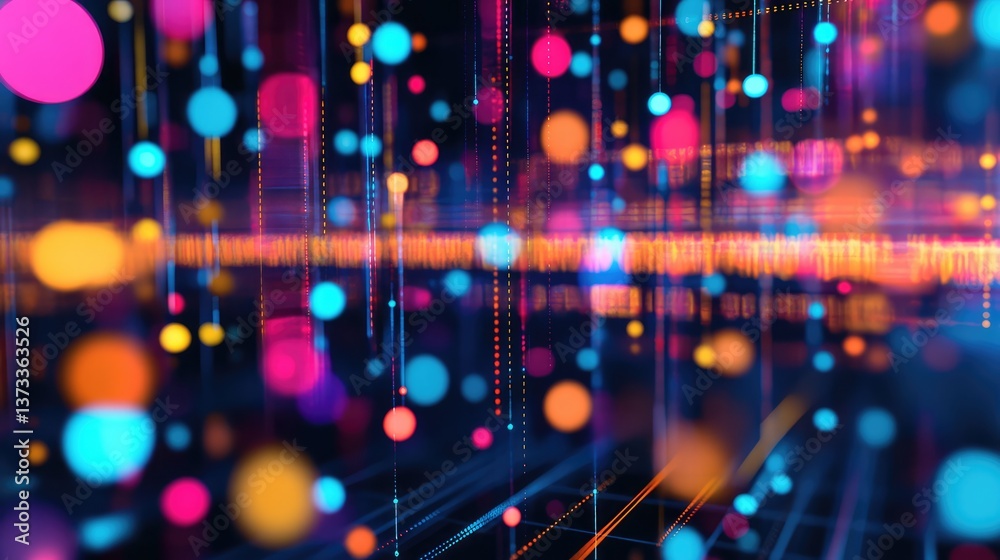 Poster abstract representation of data flow and transfer with glowing light patterns and digital nodes.