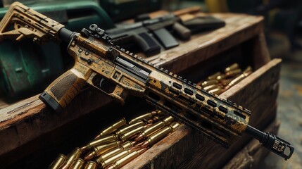 customized rifle with a camo paint job, resting on a wooden crate filled with ammunition in a military base.