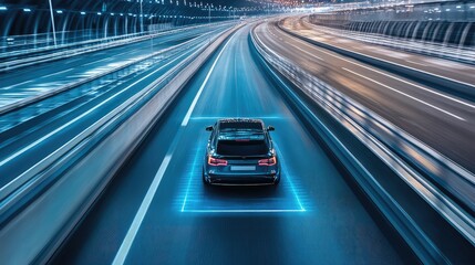 Autonomous car driving smoothly on an empty futuristic highway with glowing road markers, space for text.