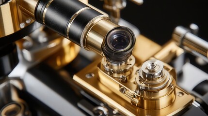 the microscope head with its polished lenses and finely crafted mechanical parts displayed in sharp focus