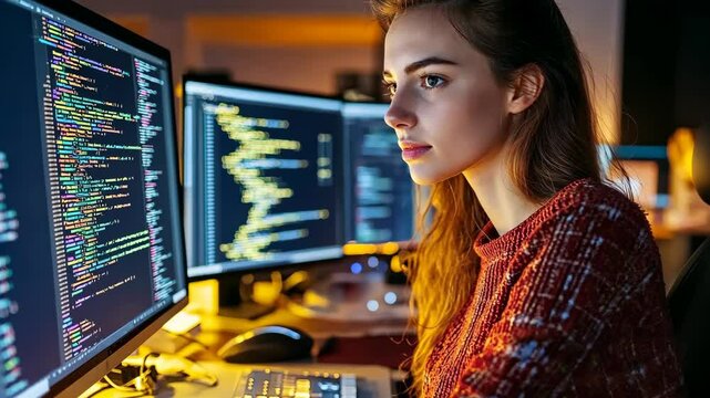 Young woman coding in a modern workspace during evening hours with multiple computer screens displaying programming languages
