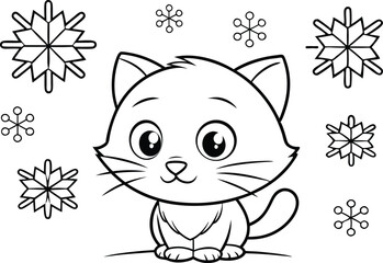 Cute Cartoon Cat with Winter Snowflakes Isolated on White Background Line Art