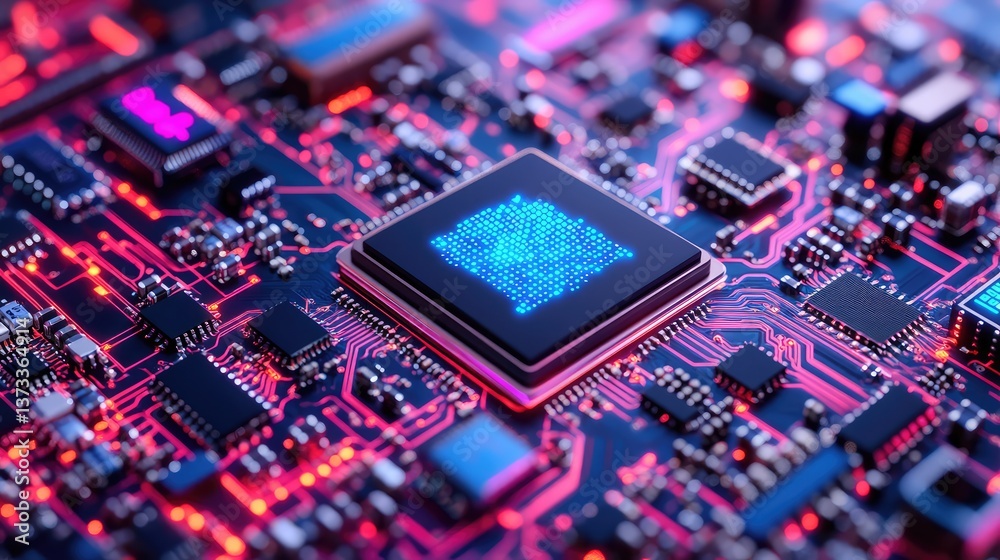 Poster close-up of an ai chip with digital data flowing between interconnected circuits. copy space for des