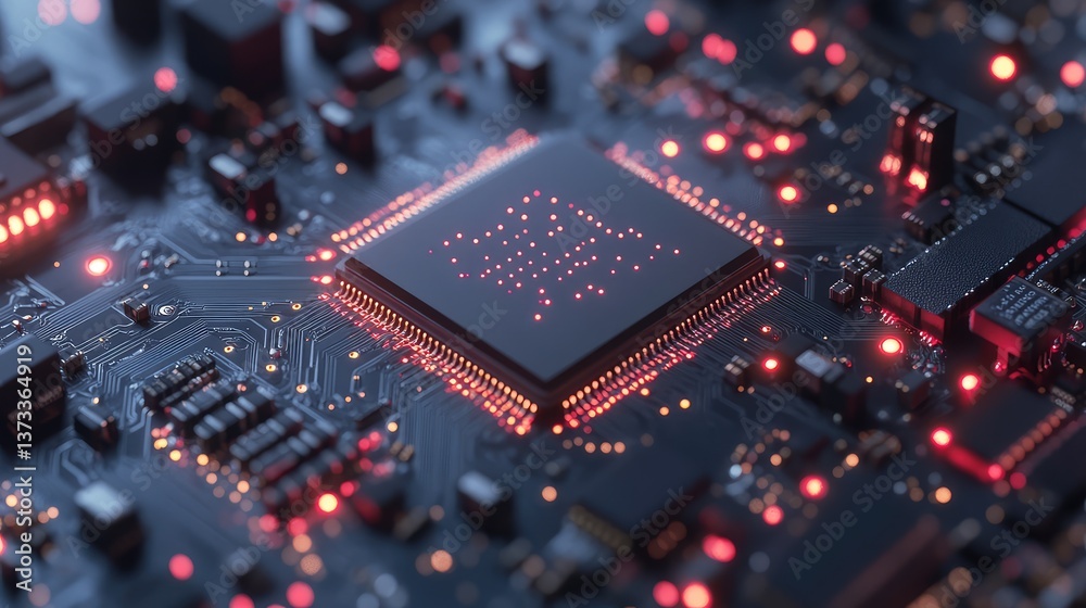 Poster close-up of an ai chip with digital data flowing between interconnected circuits. copy space for des