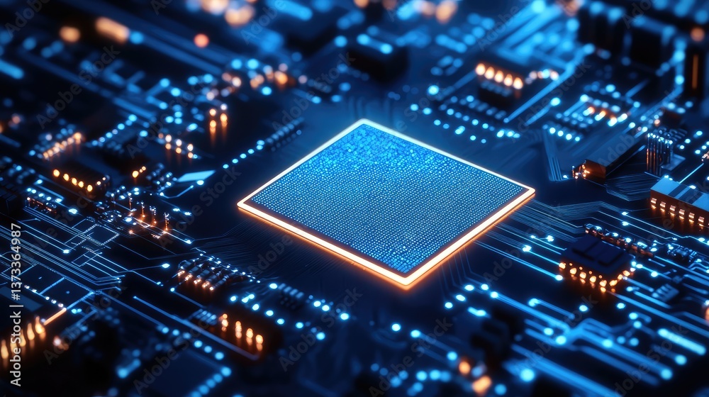 Poster close-up of an illuminated computer processor or chip, highlighting technology with clear space for 