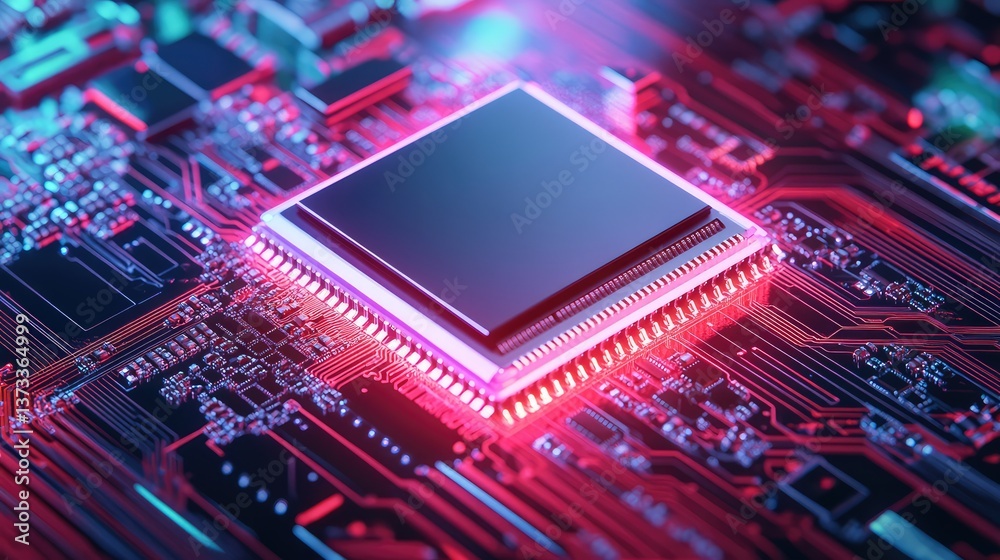 Poster close-up of an illuminated computer processor or chip, highlighting technology with clear space for 