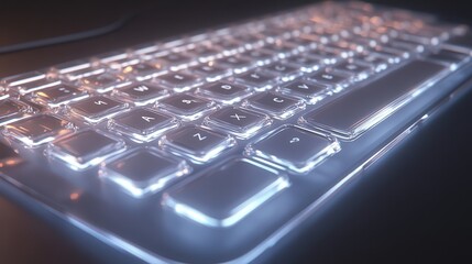 clear keyboard, with its transparent keys reflecting soft light.