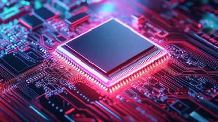 Obraz premium Close-up of an illuminated computer processor or chip, highlighting technology with clear space for text.