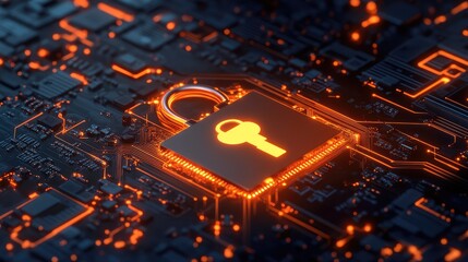 Close-up of a digital lock and key icon over a glowing circuit board, with plenty of empty space for text.