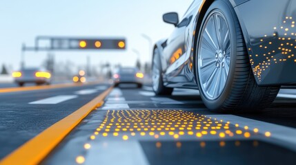 Close-up of a self-driving car's tire on a road with smart traffic lights in the background, offering clean space for text.