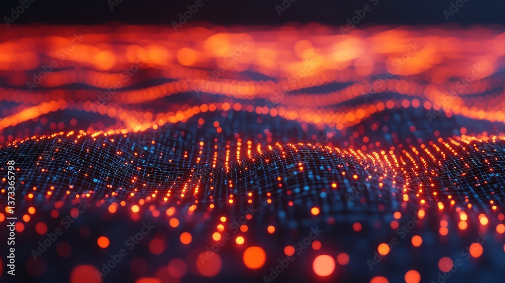 Poster close-up of data points glowing with digital connections, representing integrated tech systems. copy