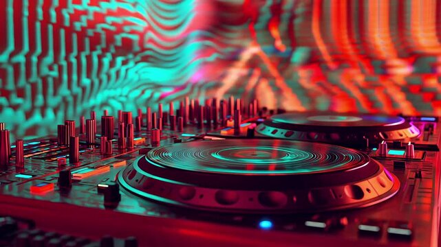 Vibrant DJ setup with turntables and abstract lighting effects.