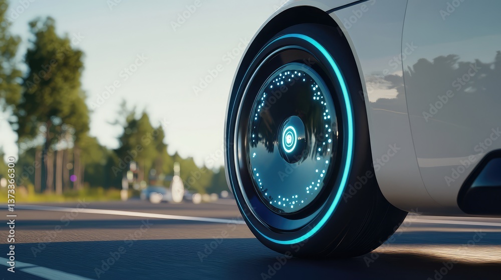 Poster close-up of the self-driving car's wheel turning automatically on an open road, with sensors visible