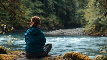Person sitting by a river deep in thought about the impact of kindness