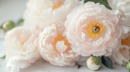 Obraz premium peony bouquet, laid flat, capturing the intricate details and soft hues of the flowers on a neutral surface.