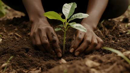 Close-up of hands gently placing soil around a young tree as part of an environmental initiative