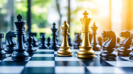 chess pieces are arranged on a checkered chessboard, representing strategic decision-making and competition