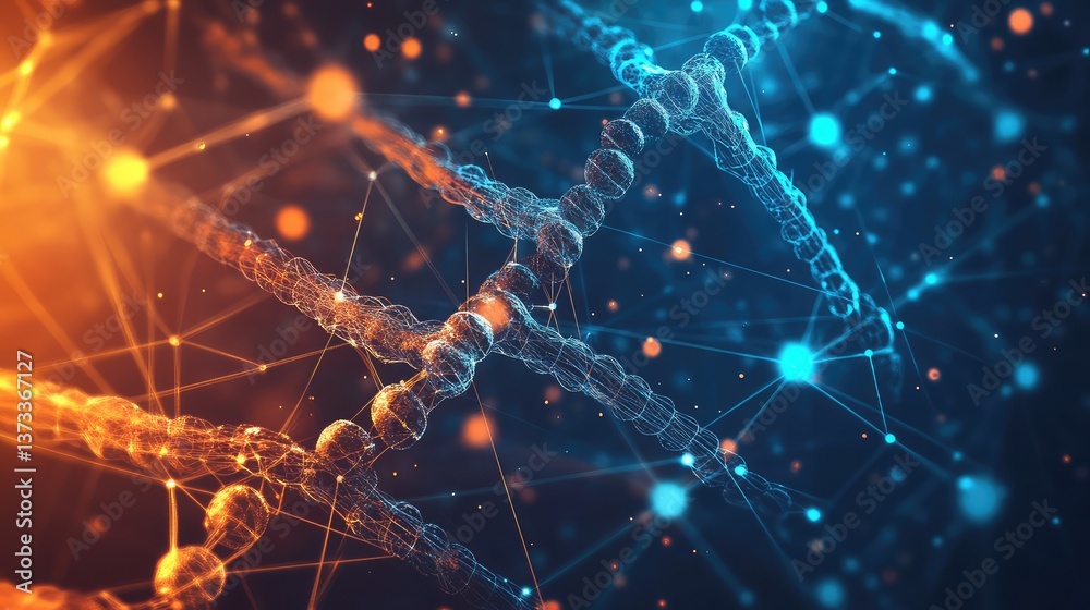 Poster digital biotechnology data visualizations such as gene structures, molecular models, and lab instrum