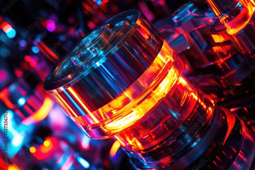 Poster close-up view of a high-tech engine piston with vibrant neon highlights and flowing gasoline in an i