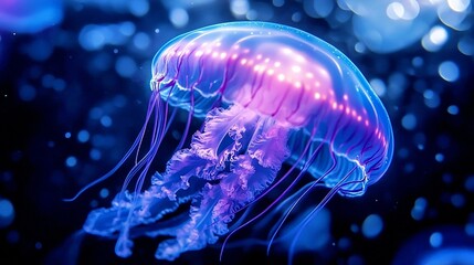 Naklejka premium Violet Bloom: A Luminous Jellyfish Dances in the Azure Depths, A Symphony of Light and Color. 