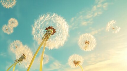 Obraz premium dandelion seeds is released into the sky, their journey mirroring the quiet flow of nature