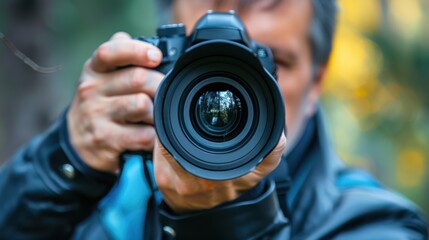 Obraz premium Portrait of a photographer with camera held in front of face, background intentionally blurred