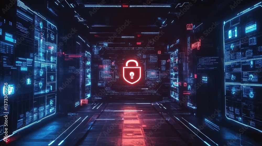 Poster futuristic cybersecurity interface with floating padlocks and data encryption icons, room for text o