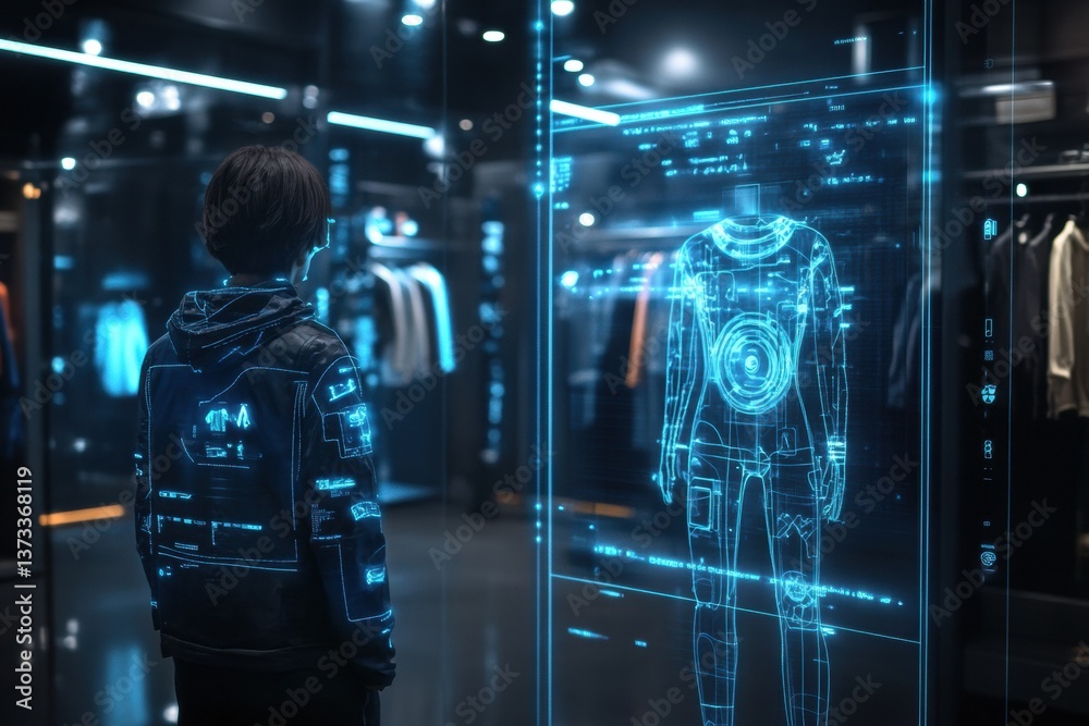 Aufkleber futuristic online shopping features a virtual dressing room with holographic interface and sleek des