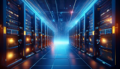 Obraz premium Realistic server racks with highlighted data flow paths, rendered in low-saturation with glo