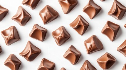 Fototapeta premium smooth milk chocolate pieces arranged neatly on a clean white background, showcasing their rich texture and glossy finish