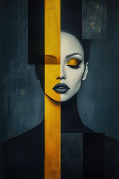 Elegant surreal portrait of a woman with golden eyeshadow and abstract vertical blocks creating a split-face illusion in dark tones
