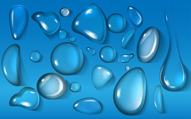 Blue water droplets, digital design.  Varied shapes and sizes, light refraction effect.  Realistic liquid rendering, clean and refreshing graphic.