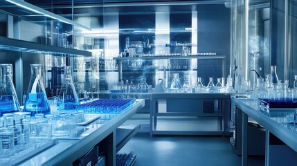 Fototapeta premium High-tech biotechnology lab with laboratory equipment and scientific glassware, space for design.