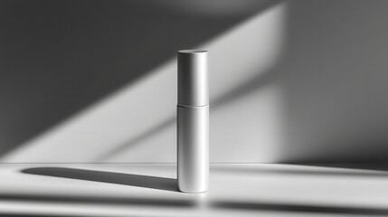compact cylindrical skincare bottle in monochrome tones, casting a faint shadow on a reflective surface