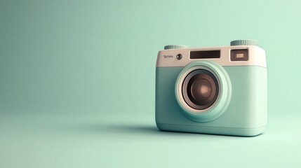 compact instant camera model with a retro aesthetic, featuring round edges and a classic design, creating a nostalgic atmosphere against a minimalistic backdrop