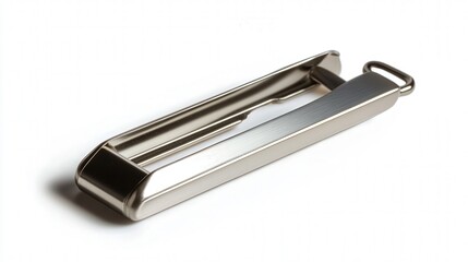 stainless steel bag clip with a smooth metallic surface, perfect for maintaining food freshness, isolated against white.