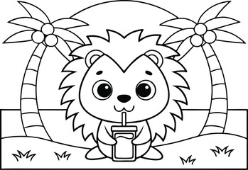 Line Art Hedgehog with Drink on Beach With Palm Trees and Grass, Transparent