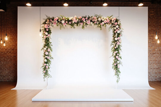 white backdrop with flowers and greenery hanging from the ceiling