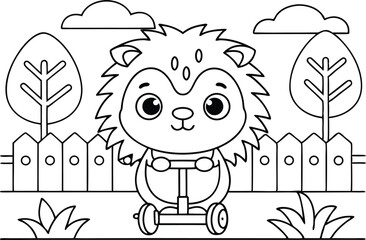 Cartoon Outline Hedgehog on Scooter in Park with Fence & Trees, Coloring Page