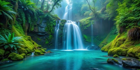 Obraz premium Serene Waterfall Cascading into a Lush Emerald Pool, Surrounded by Vibrant Green Moss-Covered Rocks and Tranquil Forest