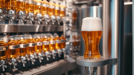 a close-up shot of a full glass of beer and row of beer taps 