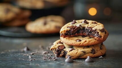 chocolate chip cookies with one bitten, showing the gooey chocolate center, placed on a flat surface with a warm atmosphere