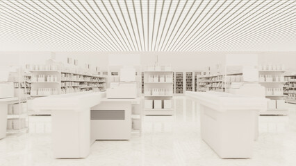 3D Rendering. Store interior supermarket with shelf shelves.
