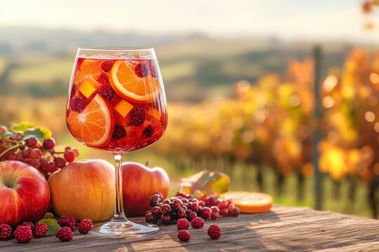 A refreshing fruit cocktail surrounded by a beautiful vineyard landscape.