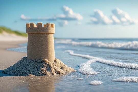 A beautiful sand castle by the ocean on a sunny beach day.
