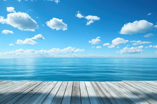 A serene ocean view from a wooden deck under a bright sky.