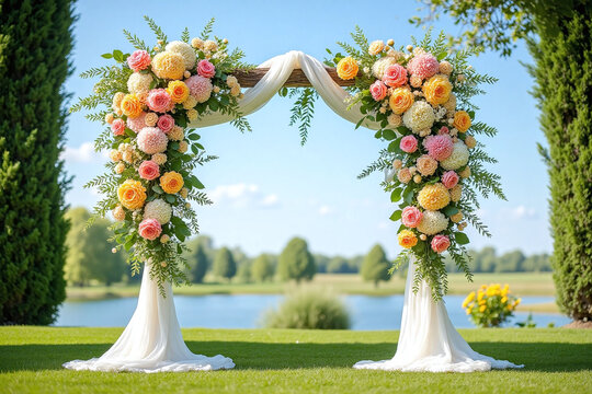 white backdrop with flowers and greenery on it