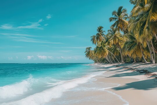 A serene tropical beach with palm trees and pristine turquoise waters.