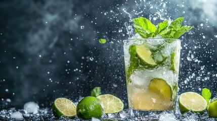 Fototapeta premium Refreshing mojito cocktail being mixed with mint and lime. Drink mixing copy space.