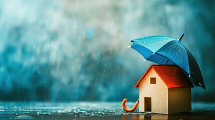 Abstract view of a small house and umbrella with copy space, emphasizing the importance of home protection